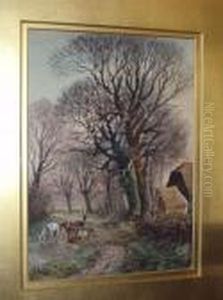 Horses With Cart Watering At A
Ford On Awooded Path, With Farmer And Ducks By Farm Buildings by Henry Charles Fox