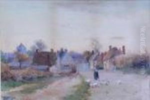 Woman With Geese On A Village Lane by Henry Charles Fox