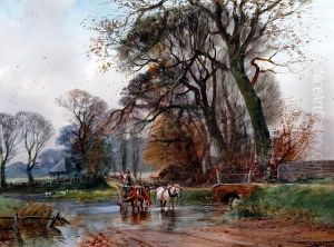 Farmer, Horses And Cart Crossing A Ford