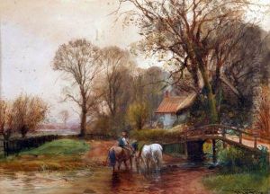 Figure With Horses Watering 
Cottage Beyond