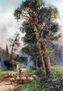 Shepherd And Flock On A Lane