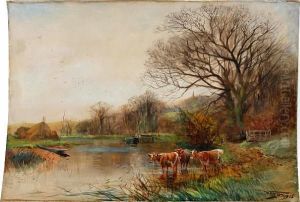 River Landscape With Cattle Watering by Henry Charles Fox