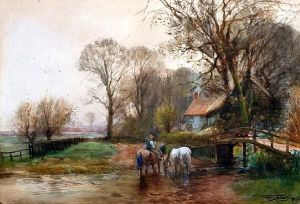 Farm Boy Watering Horses Before A Wealdencottage by Henry Charles Fox