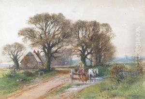 Cattle On A Country Lane; Horse And Cart On A Lane by Henry Charles Fox