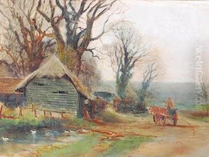 Horse And Cart Approaching A Thatched Barn With Duck Pond