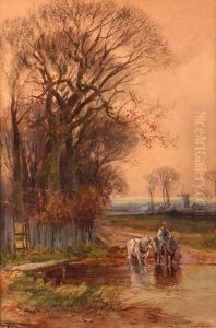 Plough Team Watering At A Ford by Henry Charles Fox