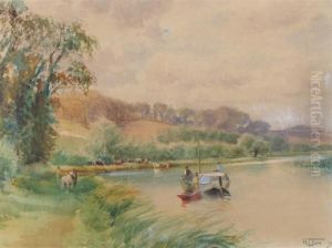 Boats On A River With Cattle Watering In The Shallows by Henry Charles Fox
