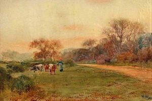 A Lady With Cattle In Country Landscape by Henry Charles Fox