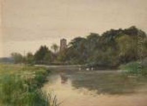River Scene With Church To Distance River Scene With Church To Distance
