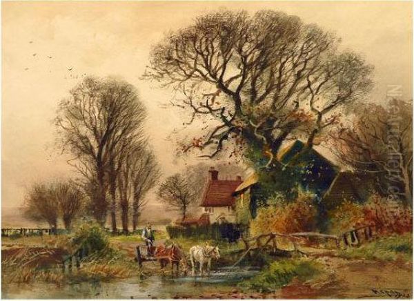Figure, Two Horses And Cart Fording A Stream - view 1