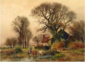 Figure, Two Horses And Cart Fording A Stream by Henry Charles Fox
