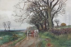 Drover And Cart On A Country Lane by Henry Charles Fox