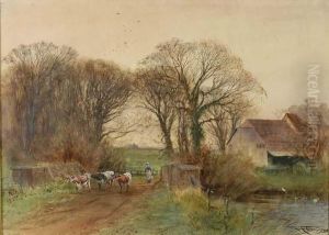 Lane Scene At Ford, Sussex With A Girl And Cattle Crossing A Bridge by Henry Charles Fox