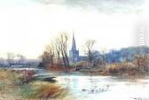 River Landscape With Steepled Church by Henry Charles Fox