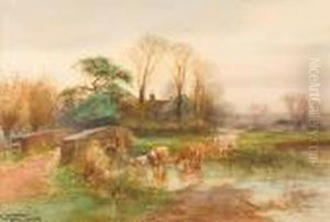 Cattle Watering By A Bridge by Henry Charles Fox