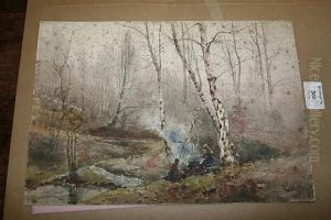 Figures Cooking Before An Open Fire In A Woodland Glade