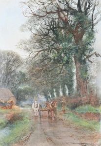 A Rural Scene With A Horsedrawn Cart And Drover On A Country Lane, Signed And Dated 1912 by Henry Charles Fox