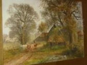 Cattle And Drover By A Farmstead by Henry Charles Fox