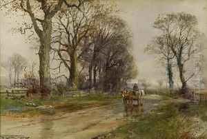 Country Lane With Farmer, Horse And Cart by Henry Charles Fox