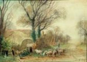 A Shepherd And Flock On A Country Lane by Henry Charles Fox