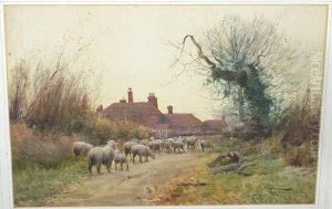 R.b.a. Country Landscape With
Sheep On A Lane Approaching Cottages Signed And Dated "1906", Also
Inscribed With The Artist's Name On The Mount Below, And Biographical
Details On The Backing Board Verso by Henry Charles Fox