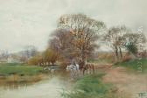 A Figure And Horses Crossing A River, A Village In The Distance. - view 1