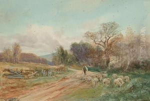 A Shepherd With His Flock Of Sheep On A Country Lane
