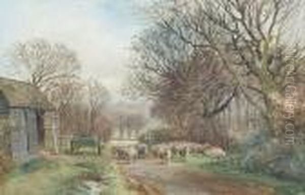 A Shepherd Driving His Flock Past A Barn - view 1