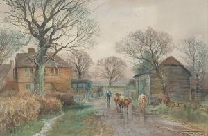 A Farmer With Cattle On A Farm Track by Henry Charles Fox