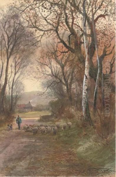 A Shepherd And His Flock Wandering Down A Rural Lane - view 1