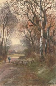 A Shepherd And His Flock Wandering Down A Rural Lane