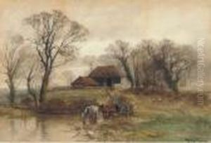 A Horse-drawn Cart Crossing A Ford