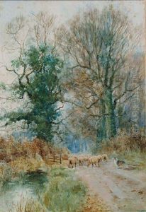 A Sheepdog And Sheep On A Country Road By An Open Gate