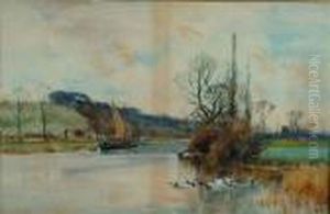 A River Landscape With Moored Sailing Vessel And Ducks In The Foreground by Henry Charles Fox