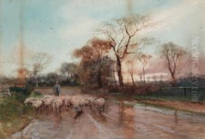 A Shepherd And Sheep On A
Country Road Near Guildford, Surrey; A View Of The River Near Teddington
On Thames by Henry Charles Fox