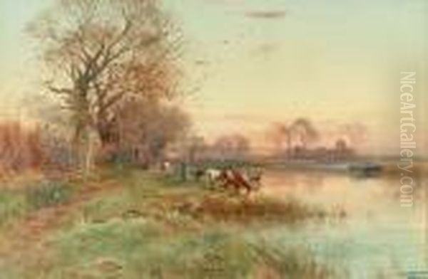 Cattle Watering At Sunset, A Village In The Distance - view 1