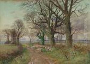 A Shepherd Driving A Flock Of Sheep Along A Country Lane by Henry Charles Fox