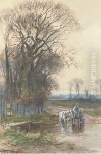 The Plough Team Watering At The Ford by Henry Charles Fox