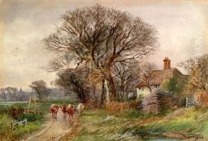 Cattle Returning Home On A Wintry Day, Signed And Dated 1920, Watercolour