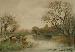 Cattle Watering In The Thames With Punt And Church Beyond by Henry Charles Fox