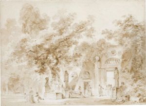 A Park, With Many Figures Walking Among Egyptian Sculptures