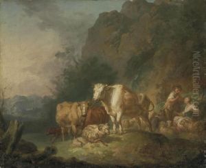 A Shepherd And Shepherdess Resting With Their Herd, A Mountainous Landscape Beyond