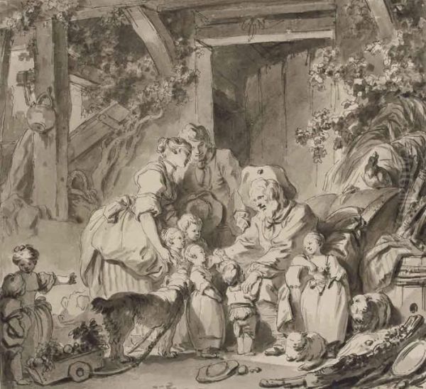 La Visite Au Grand-pere With Inscription 'fragonard' - view 1