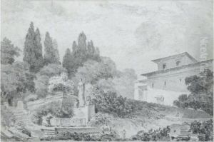 View In The Garden Of An Italian Villa, With Antique Statues Andwasherwomen