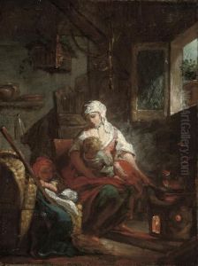 A Mother With Two Children In An Interior by Jean-Honore Fragonard