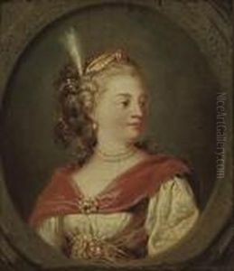 Portrait Of A Lady, Bust-length,
In A White Dress And Red Wrap, Anda Plumed Headdress, In A Feigned Oval by Jean-Honore Fragonard