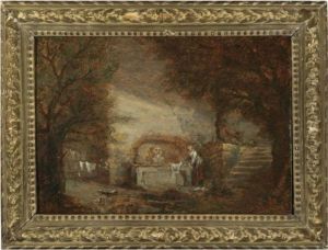 A Woman Washing Clothes In A Fountain With A Man Looking On by Jean-Honore Fragonard