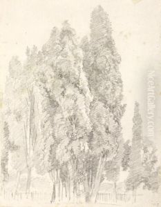 Cypresses By A Fence With A Statue On A Pedestal Nearby by Jean-Honore Fragonard
