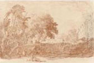 Figures In A Wooded Park, A Lady With A Wheelbarrow In The Foreground by Jean-Honore Fragonard