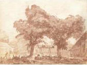 A Farmyard With Turkeys And
Poultry In The Foreground, A Dog To The Right, A Chateau Beyond by Jean-Honore Fragonard